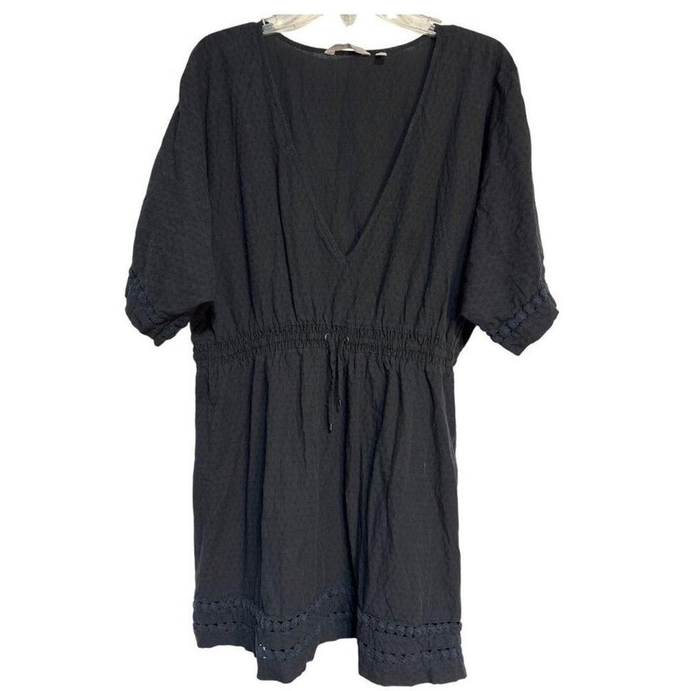 Athleta Black Cotton Womens Short Sleeve Dress Cover-up With Crochet Trim & Ela
